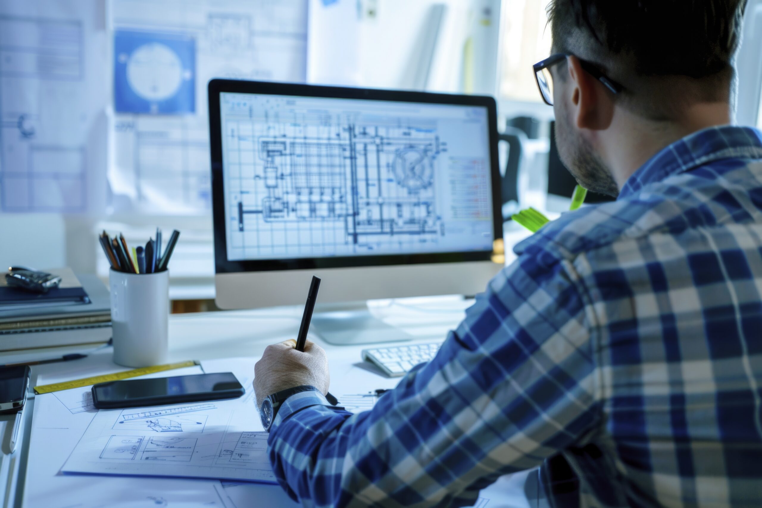 Detailer working at CAD station on structural steel drawings